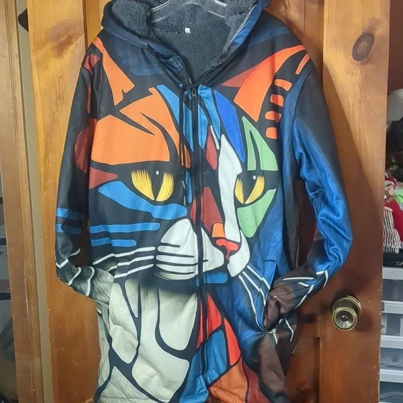 Trendy Abstract Cat Print Hooded Long Sleeve Zip Front Faux Fur Lined Jacket SzL - Picture 5 of 13